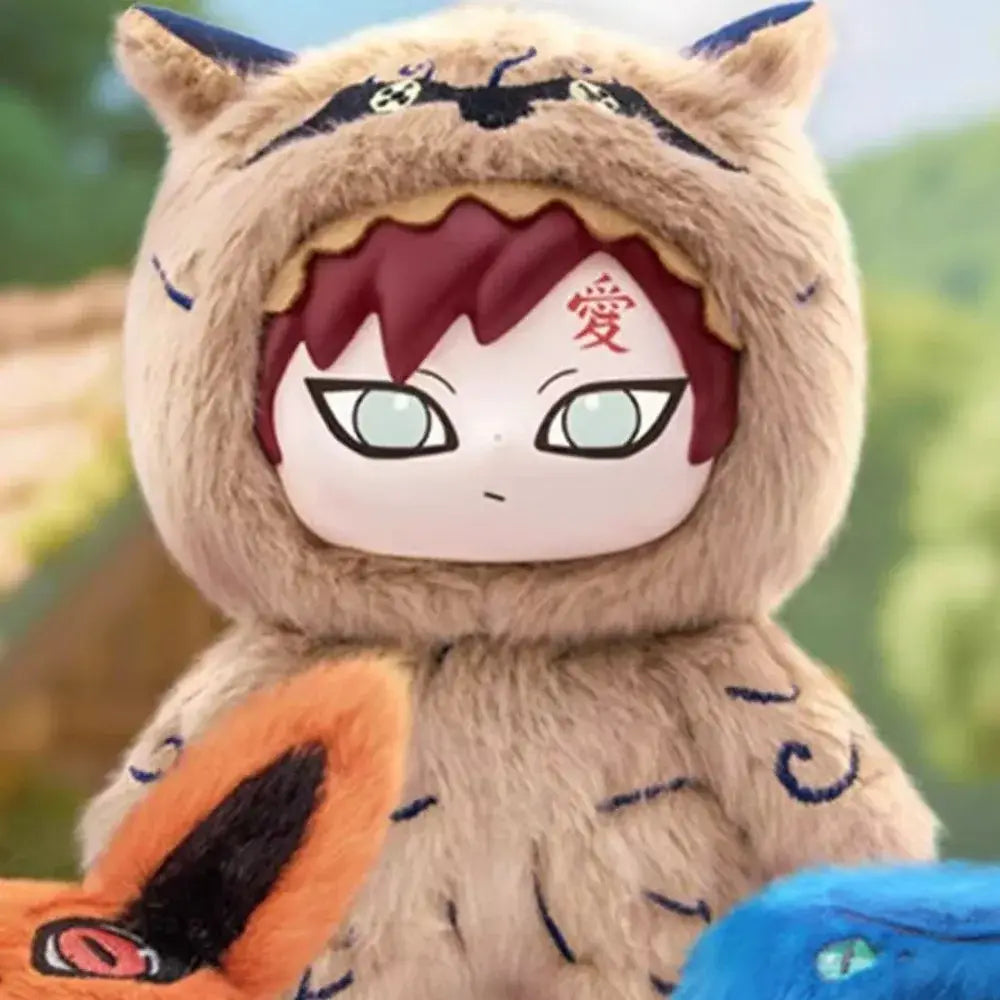 Naruto shippuden blind box plush figure stuffed doll with tan furry cat hood red hair light green eyes and love kanji