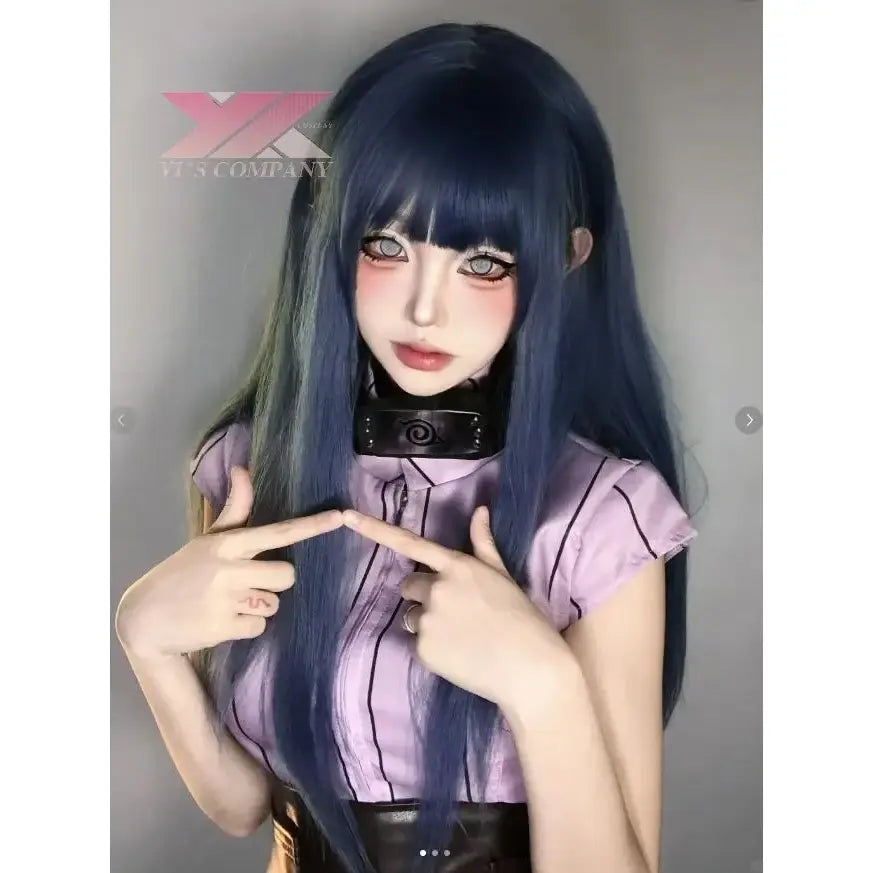 Deep blue synthetic wig with straight long layers and blunt bangs from naruto shippuden hinata hyuga cosplay set