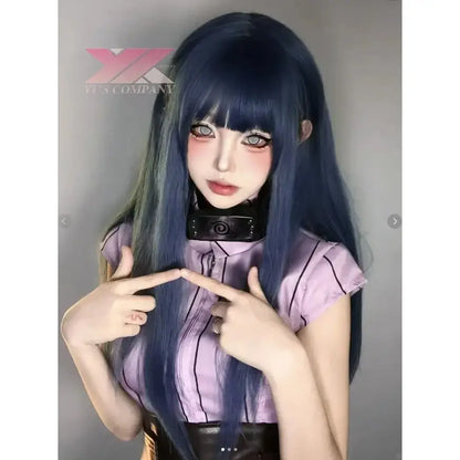 Deep blue synthetic wig with straight long layers and blunt bangs from naruto shippuden hinata hyuga cosplay set