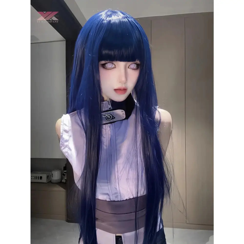 Deep blue synthetic wig with straight long layers and blunt bangs for naruto shippuden hinata hyuga cosplay set
