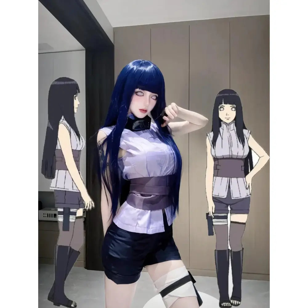 Detailed naruto shippuden hinata hyuga cosplay set with long blue hair, lavender satin shirt, dark shorts, and belt