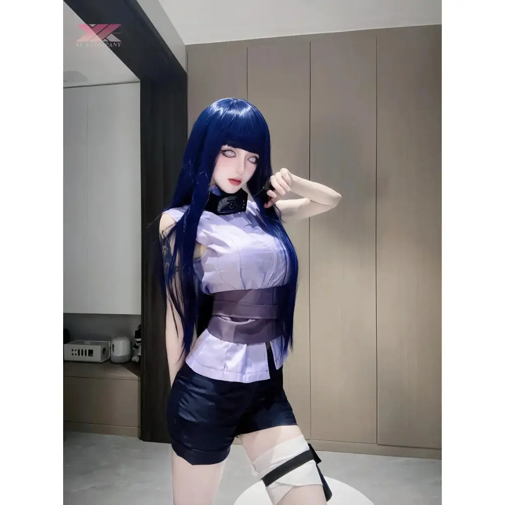 Lavender satin blouse with structured high waist and dark purple belt from naruto shippuden hinata hyuga cosplay set