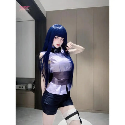 Lavender satin blouse with structured high waist and dark purple belt from naruto shippuden hinata hyuga cosplay set