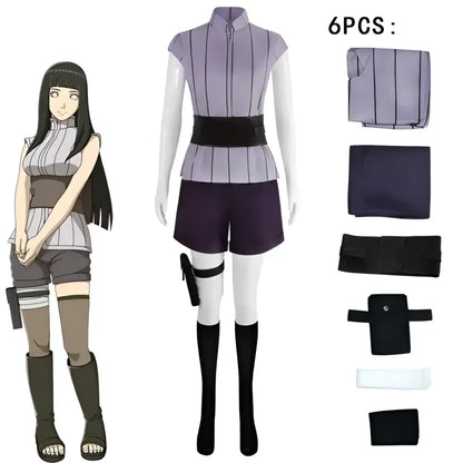 Naruto shippuden hinata hyuga cosplay set with purple and black striped short-sleeved top, shorts, belt, and thigh holster