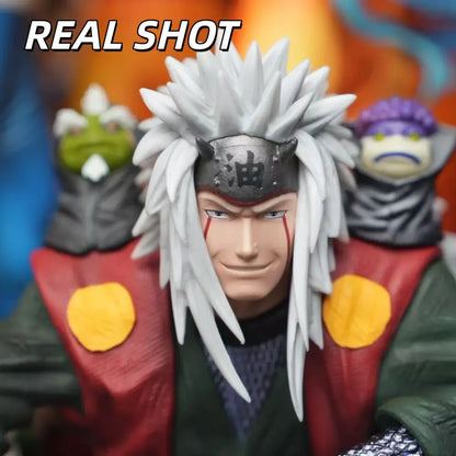 Naruto shippuden jiraiya pvc statue sitting pose with silver hair black headband and red accents for naruto shippuden fans