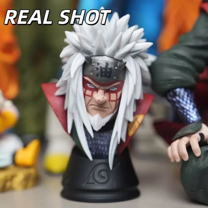 Naruto shippuden jiraiya pvc statue in sitting pose with white spiky hair red face markings and black headband for shippuden fans
