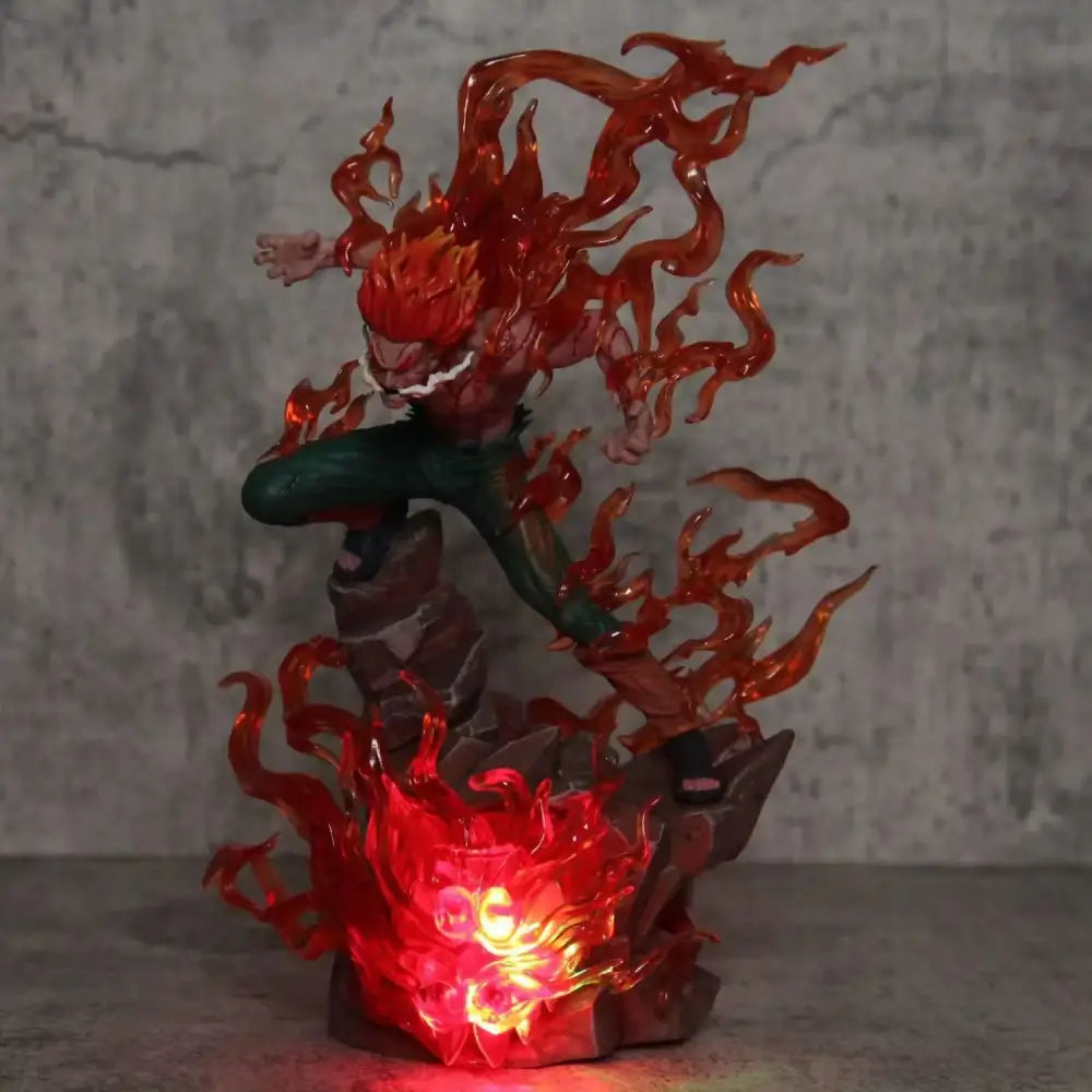 Naruto shippuden pvc statue of might guy in dynamic red flame design with glowing internal lighting collectible appeal