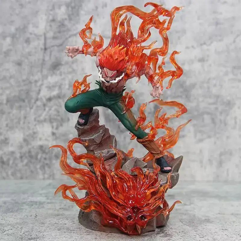 Vibrant orange and red flame-infused naruto shippuden pvc statue of might guy in dynamic mid-action pose with collectible appeal