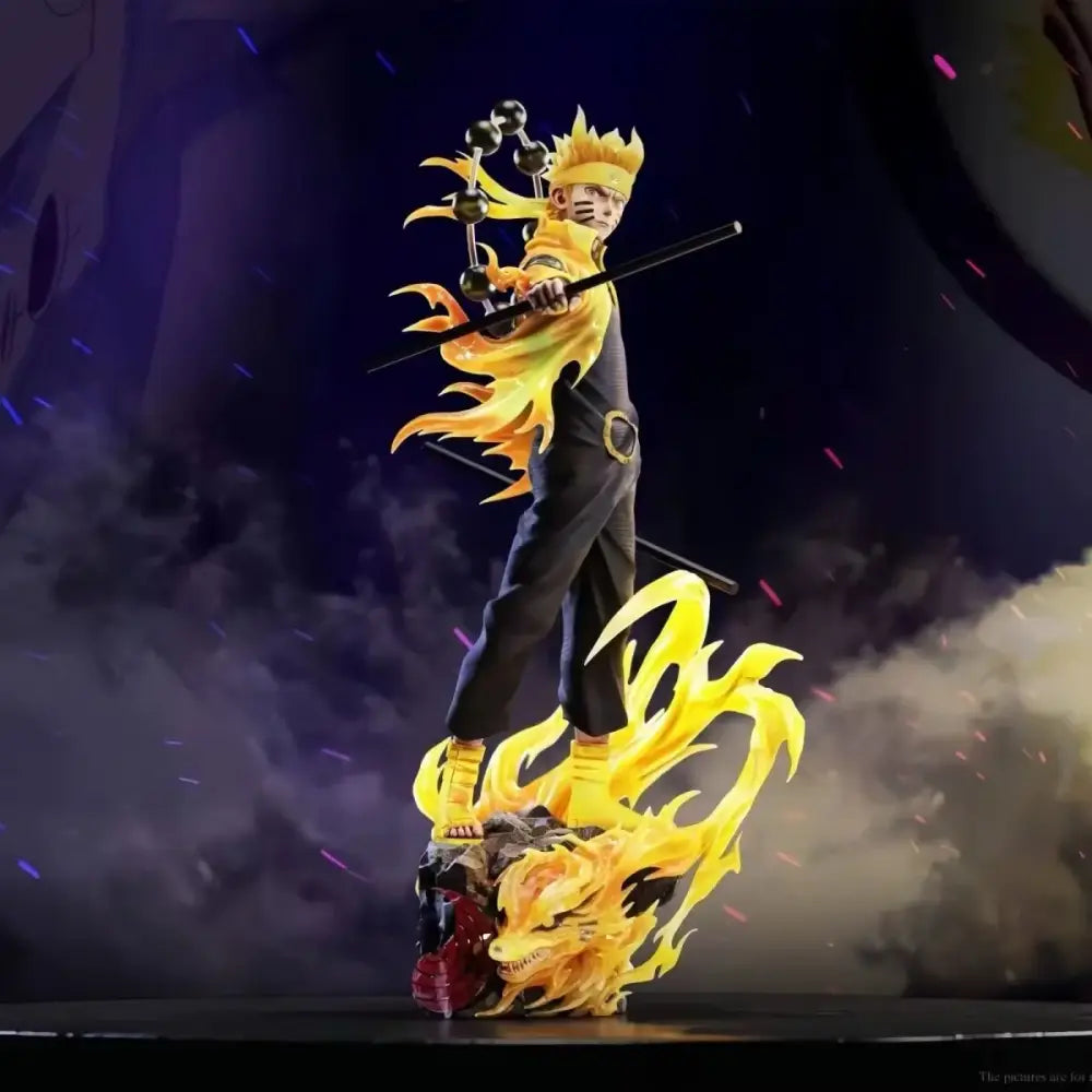 Naruto shippuden sasuke pvc statue featuring golden-haired naruto in dynamic pose with kunai and fiery chakra effects