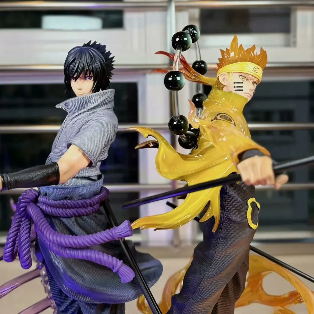 Dynamic Naruto Shippuden Sasuke pvc statue featuring vibrant yellow and purple accents and detailed sculpting in action poses