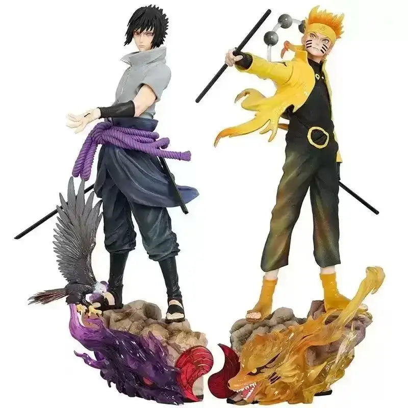 Two detailed naruto shippuden pvc statues featuring vibrant yellow and gray outfits with fiery and rocky bases