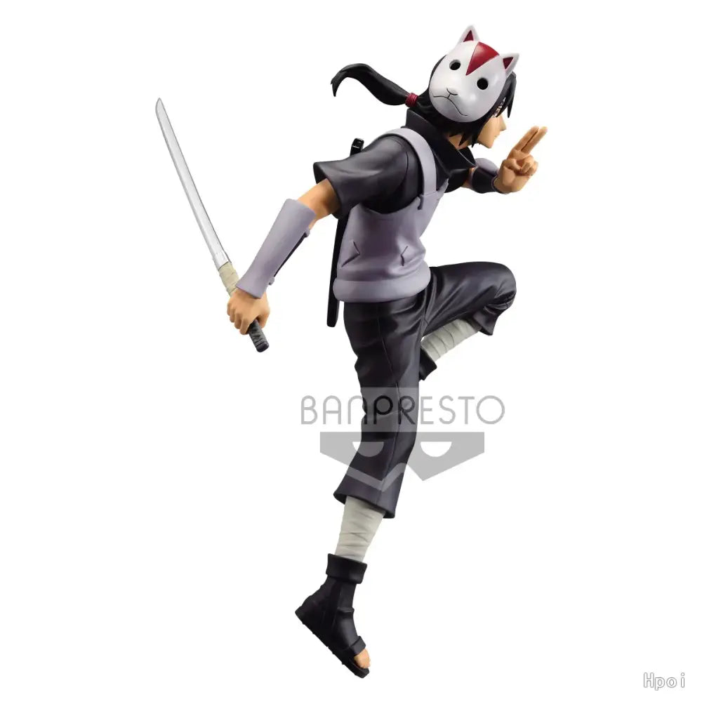 Black and gray uchiha itachi figure with white cat mask red markings holding sword and peace sign 17cm pvc statue