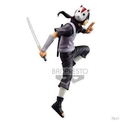 Black and gray uchiha itachi figure with white cat mask red markings holding sword and peace sign 17cm pvc statue