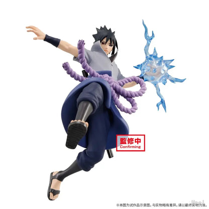 Sasuke uchiha action figure in gray and navy-blue ninja attire mid-air pose for naruto shippuden uzumaki collection