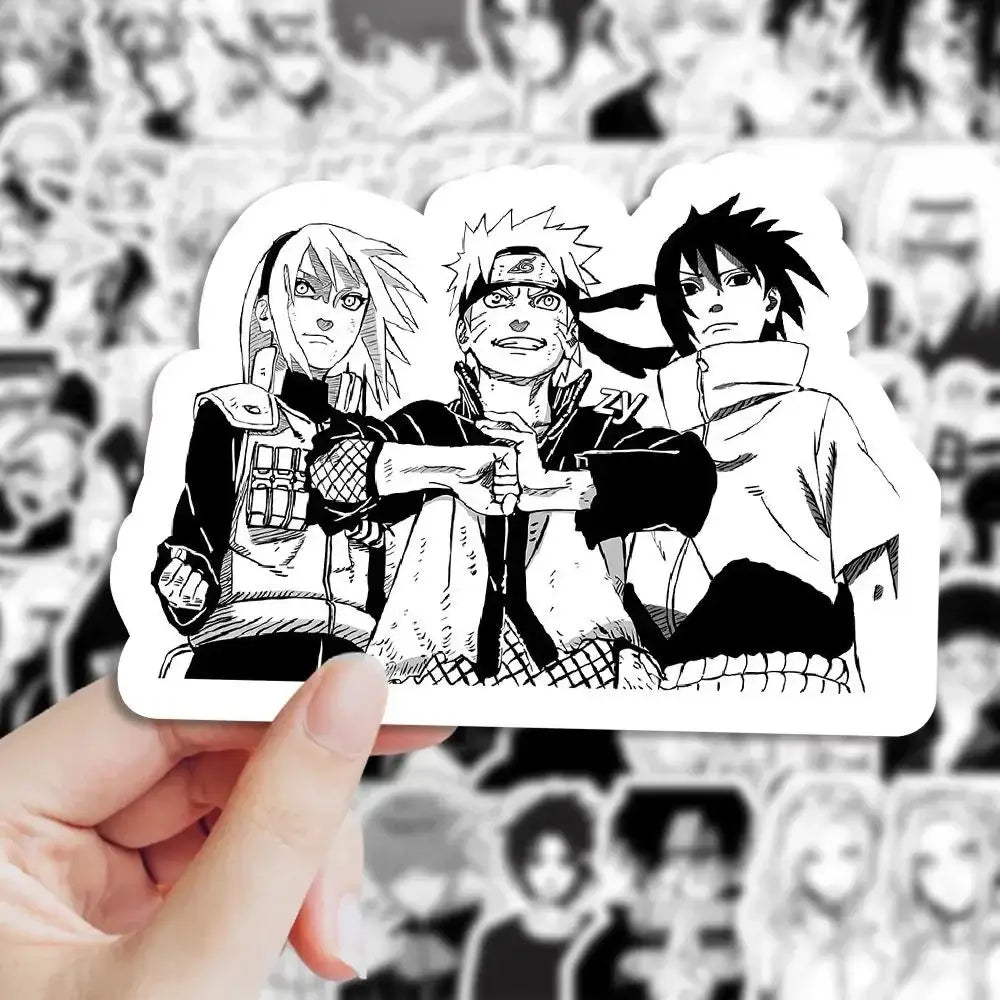 Black-and-white illustrated naruto sticker set featuring three dynamic anime characters in graffiti decal style