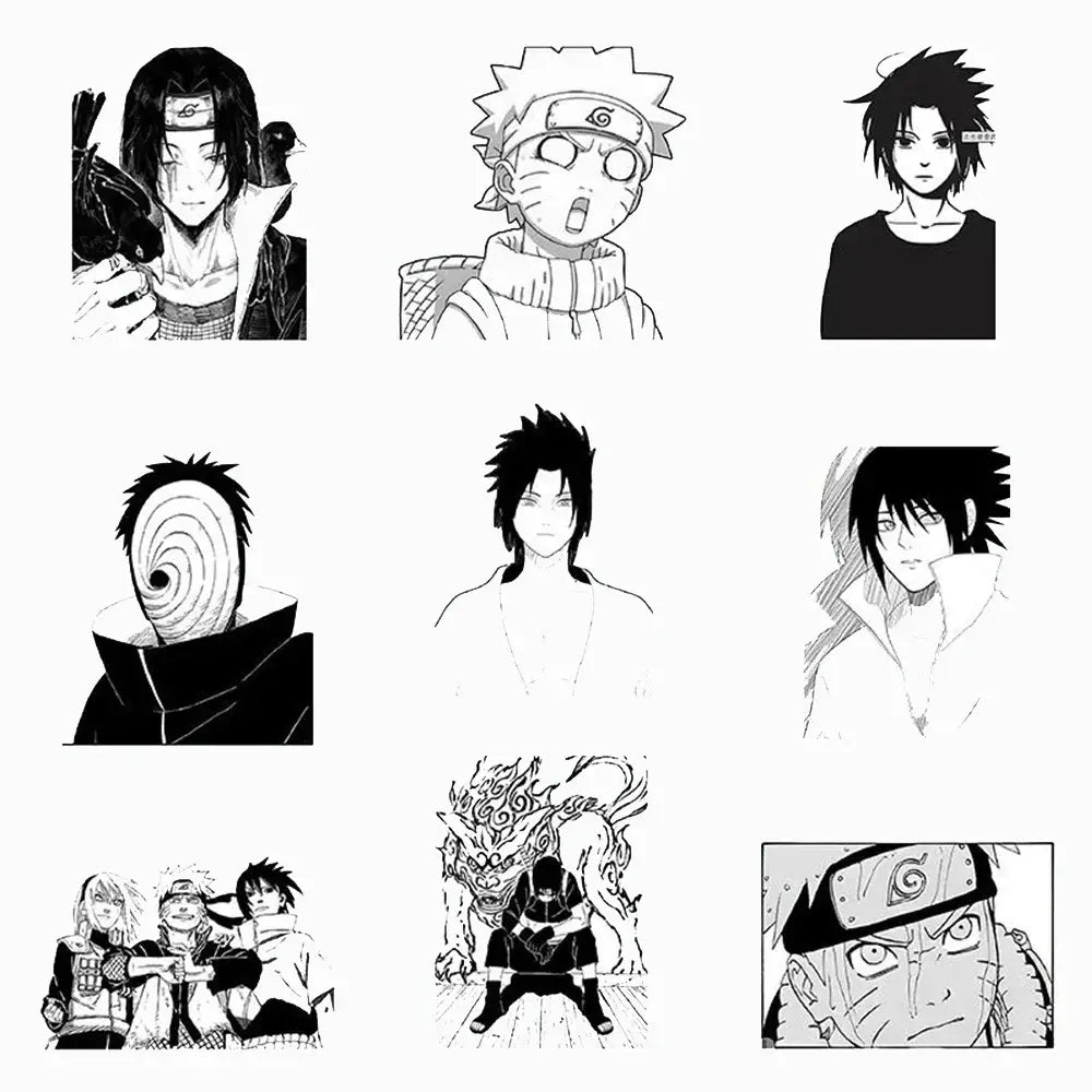 Black and white line art illustrations of nine naruto anime characters in a sticker set for graffiti decals