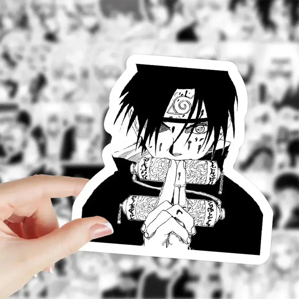 Black and white naruto sticker featuring an anime character with spiky hair headband and intricate hand tattoos