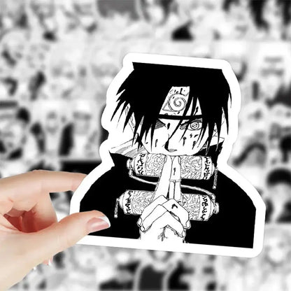 Black and white naruto sticker featuring an anime character with spiky hair headband and intricate hand tattoos