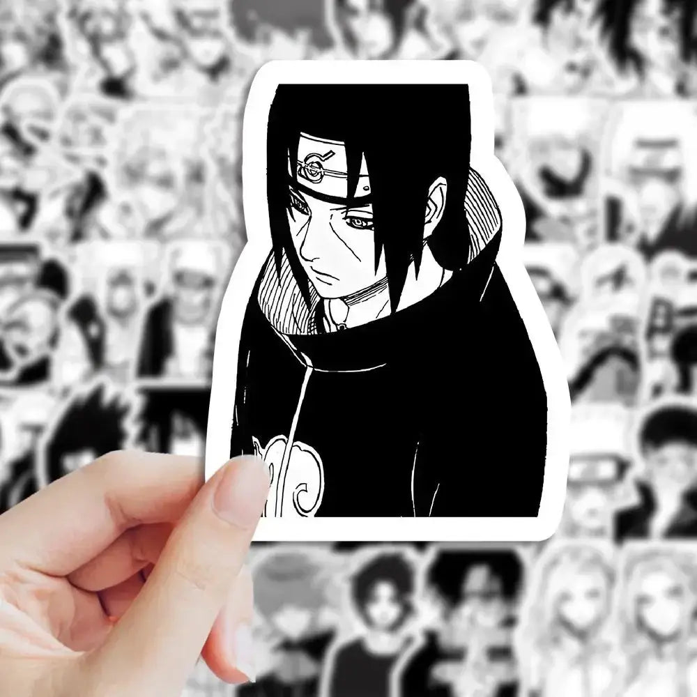 Naruto sticker set featuring black and white stylized anime character with long dark hair in hooded garment