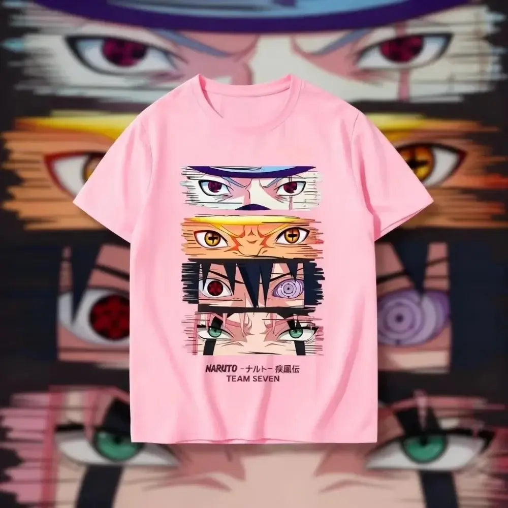 Pink cotton Naruto team 7 t-shirt with vertical collage of characters eyes and bold black text streetwear design