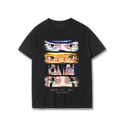 Black cotton Naruto Team 7 unisex t-shirt with vertical anime eyes design and short sleeves for streetwear