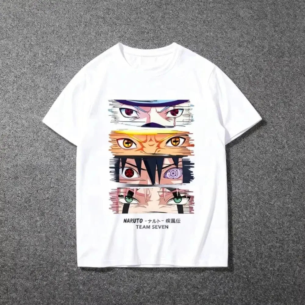White cotton unisex t-shirt with a vertical stack of naruto team seven anime eyes and text print for streetwear