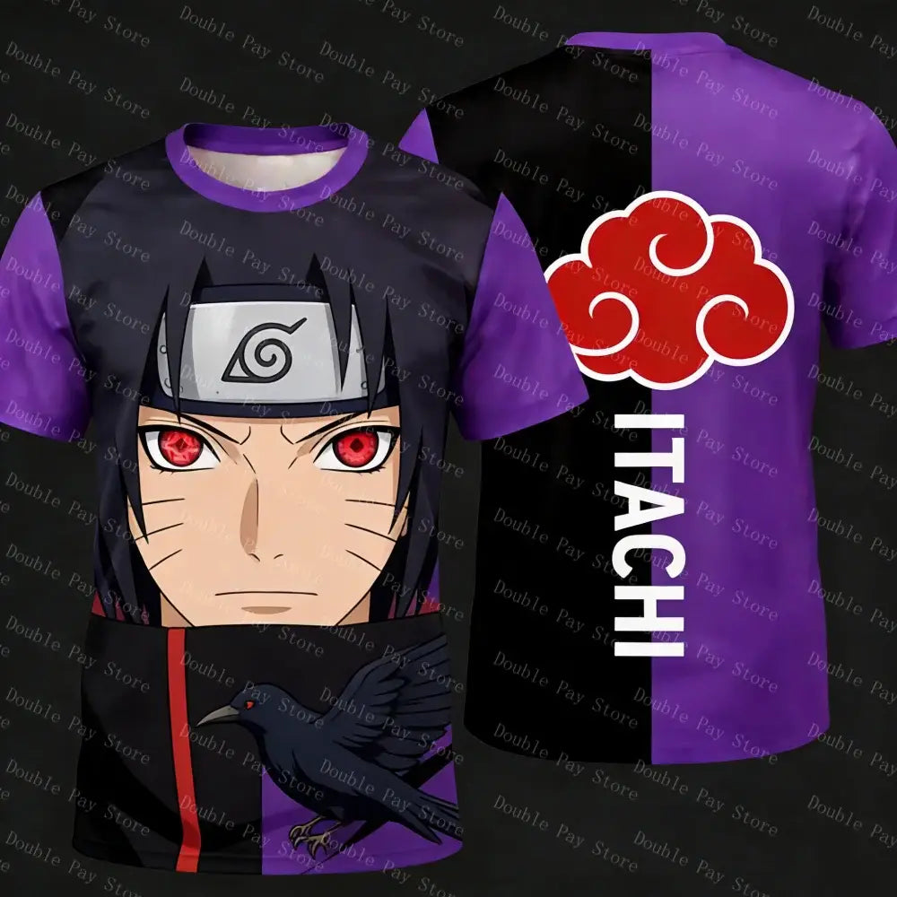 Purple and black naruto tee featuring itachi uchiha with red eyes, silver headband, and red akatsuki cloud emblem on sleeve