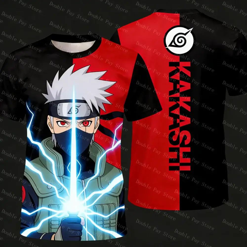 Black and red short-sleeved naruto tee featuring kakashi hatake full-body print with lightning effects on sword for kids and adults