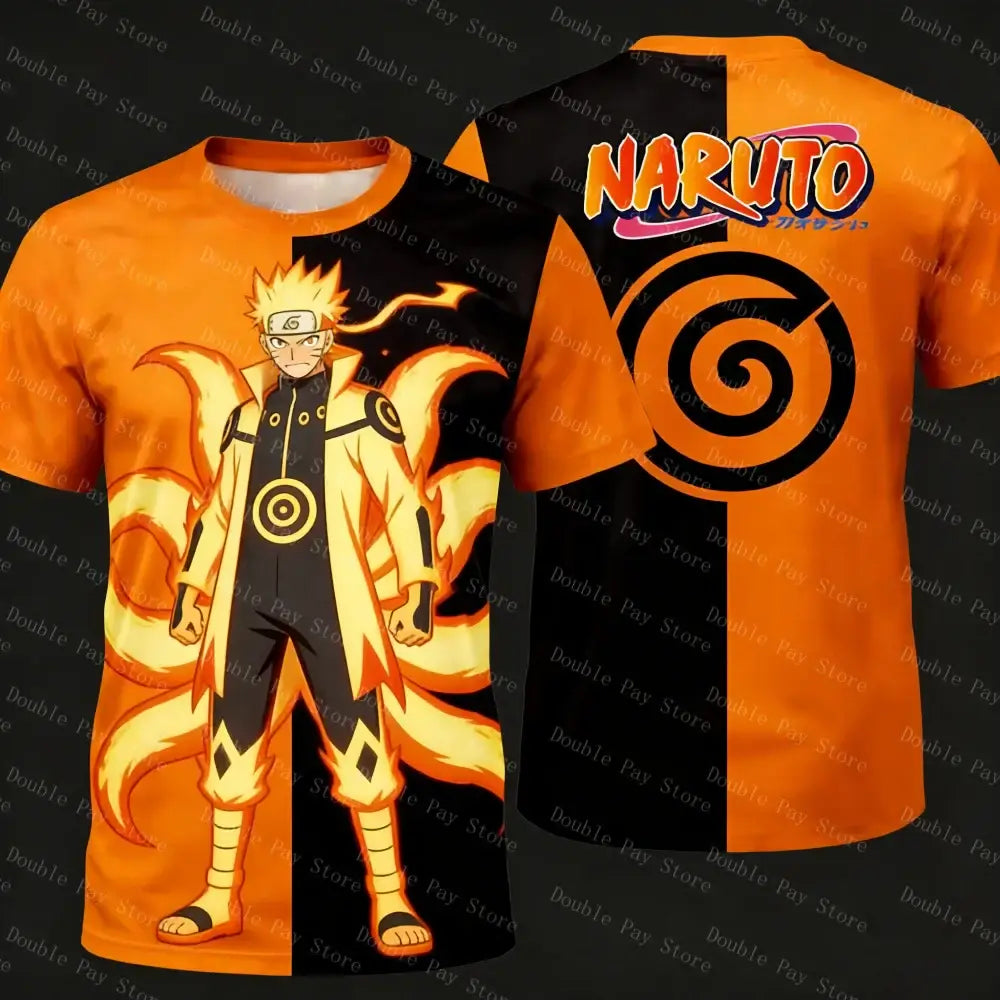 Orange and black Naruto tee for kids and adults featuring full-body character with nine tails and spiral emblem on back