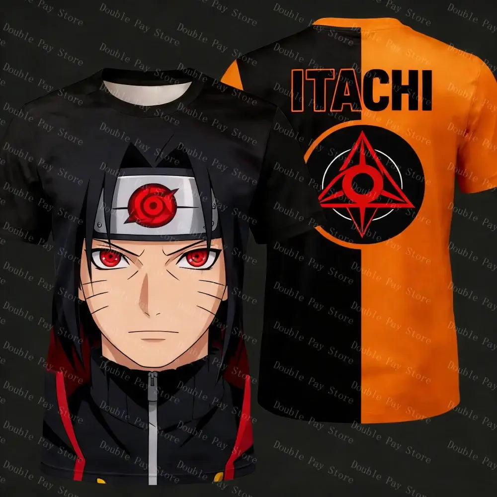 Black and orange naruto tee featuring itachi face, headband, red eyes, and red sharingan symbol on the chest