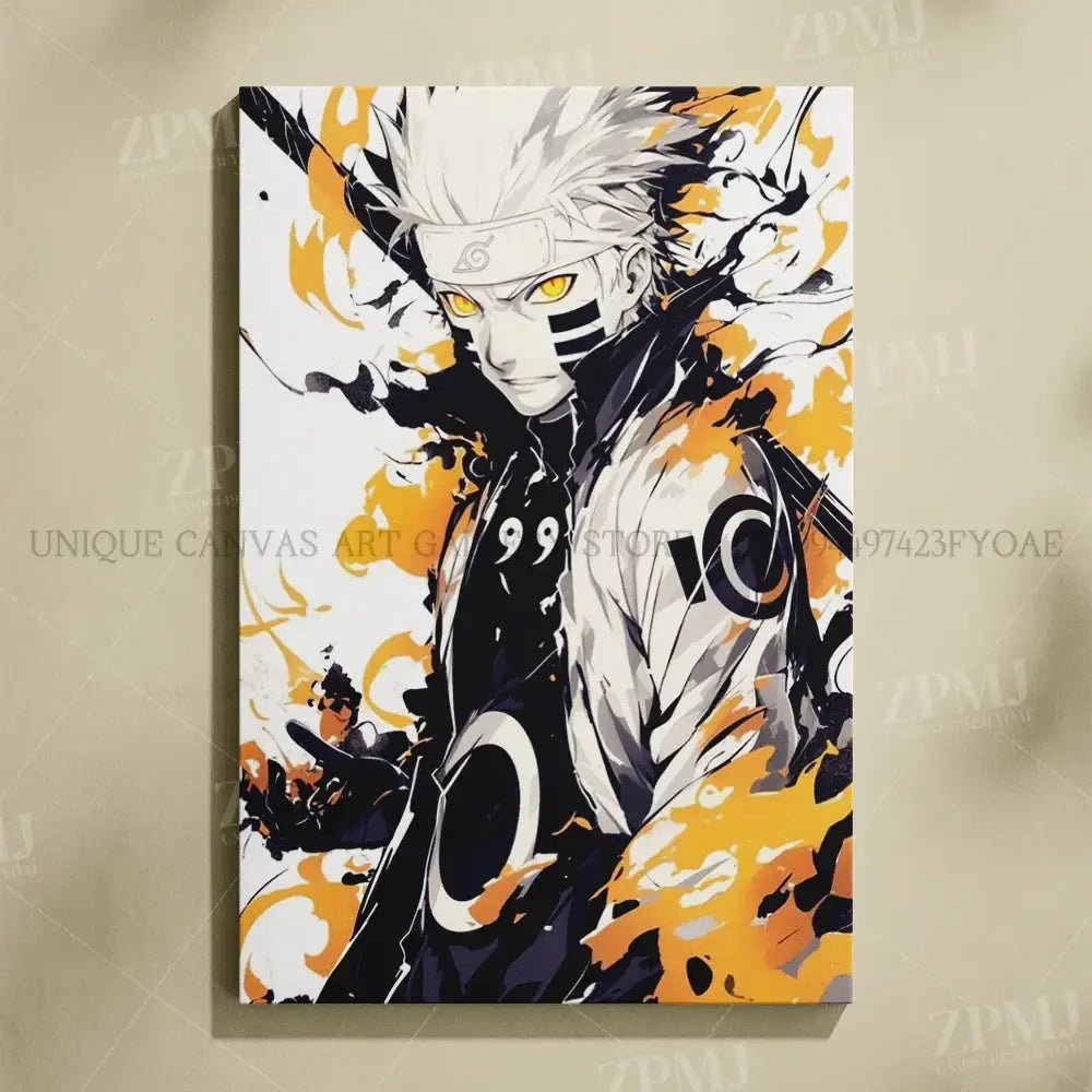 Vibrant frameless hd print uchiha itachi canvas wall art with white-haired character and bold black and orange splashes