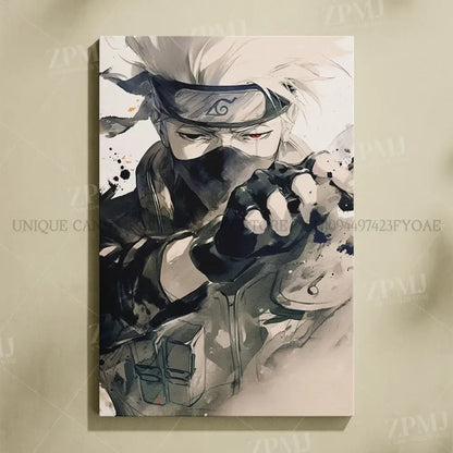 Black-and-white watercolor uchiha itachi canvas wall art featuring kakashi in ninja attire frameless hd print