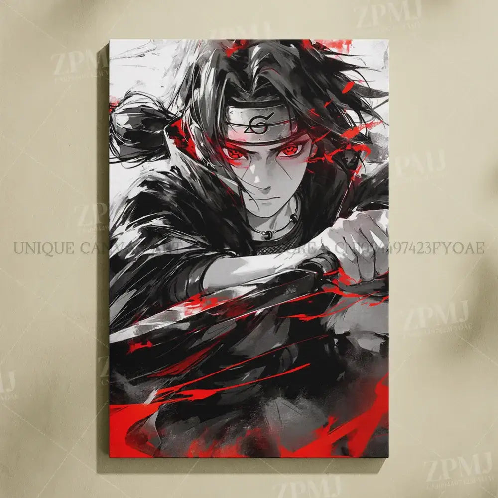 Naruto uchiha itachi canvas wall art featuring black and red ninja with glowing eyes and dynamic motion lines frameless print
