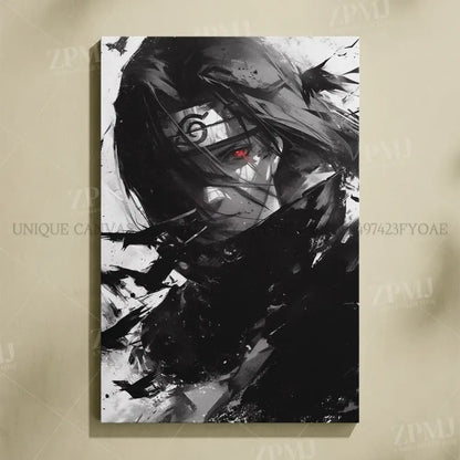 Black-and-white naruto uchiha itachi canvas featuring stylized anime character with glowing red eye in dramatic brushstrokes