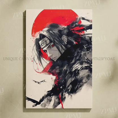 Naruto uchiha itachi canvas wall art featuring black and red ink-stroke itachi with konoha headband on white frameless print