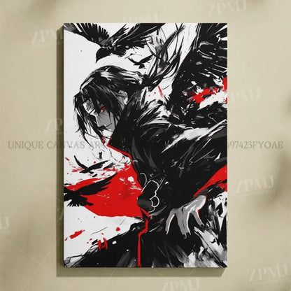 Black-and-white naruto uchiha itachi canvas wall art with red eyes crows and bold red splatters frameless hd print