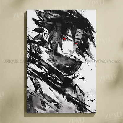 Black-and-white ink-styled naruto uchiha itachi canvas wall art featuring sasuke with red eyes and headband frameless hd print