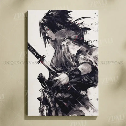Black-and-white ink-style frameless hd naruto uchiha itachi canvas wall art featuring ninja with spiky hair and red eyes