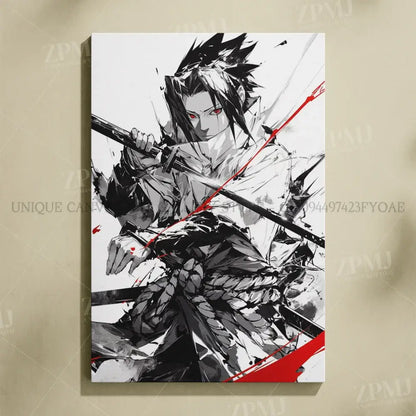 Black and white naruto uchiha itachi canvas wall art featuring stylized sasuke with red eyes and bold crimson streaks