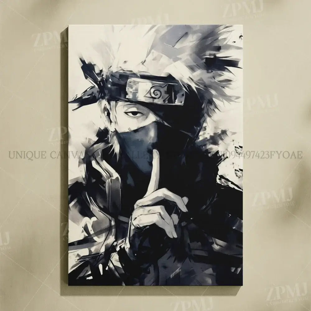 Black-and-white naruto uchiha itachi canvas wall art featuring kakashi hatake with signature headband and finger-to-lip gesture