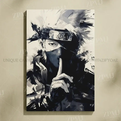 Black-and-white naruto uchiha itachi canvas wall art featuring kakashi hatake with signature headband and finger-to-lip gesture