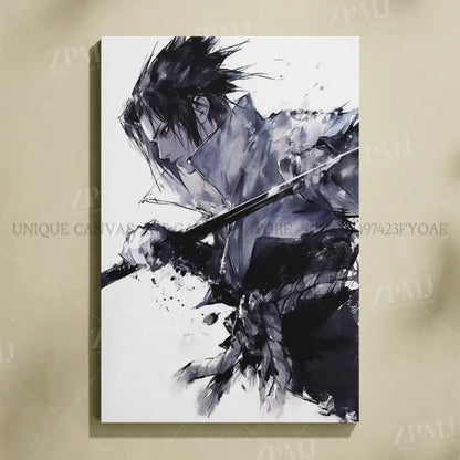 Black and white ink-styled sasuke uchiha canvas wall art featuring a sword from naruto uchiha itachi collection