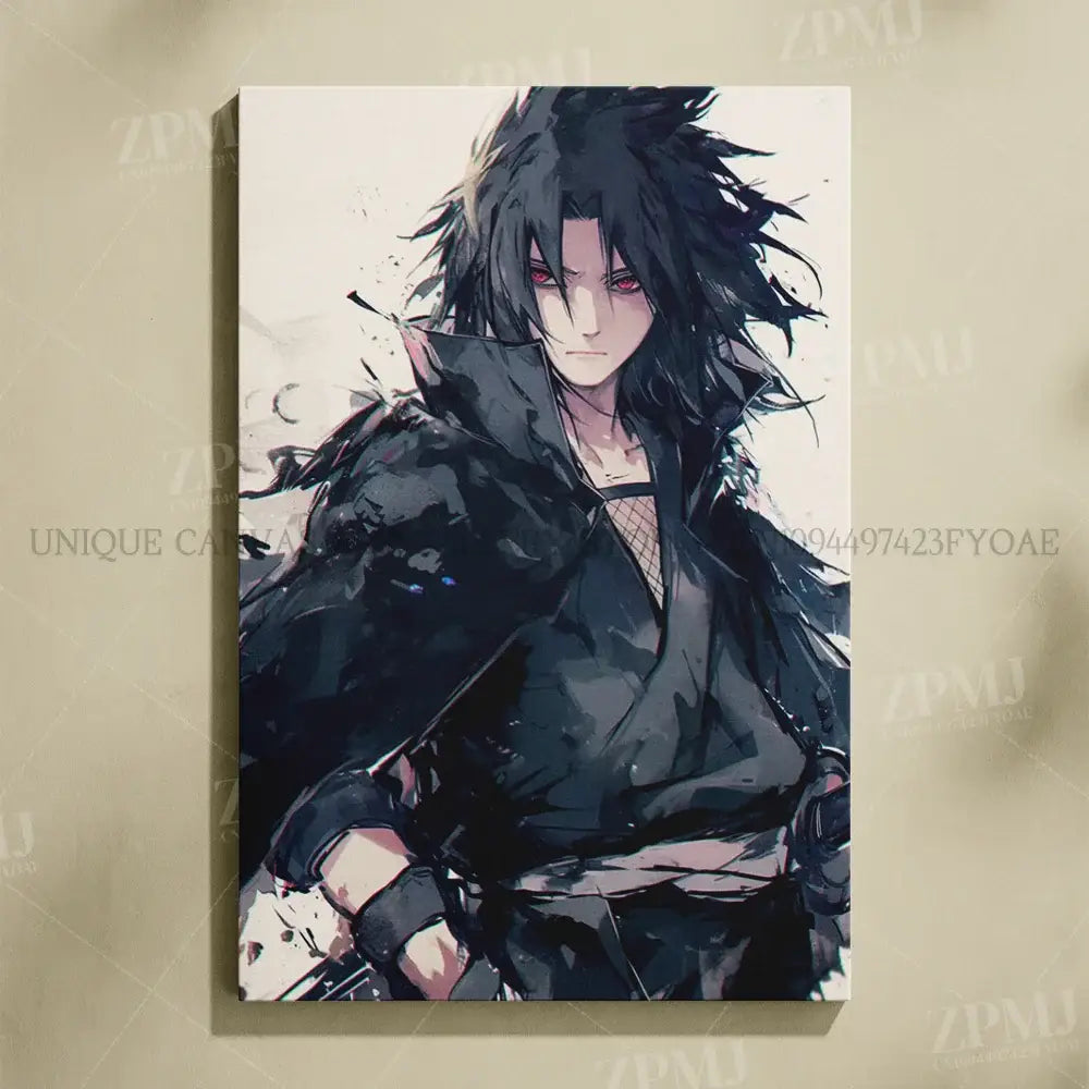 Black and gray naruto uchiha itachi canvas wall art featuring spiky hair red eyes and dark cloak frameless hd print