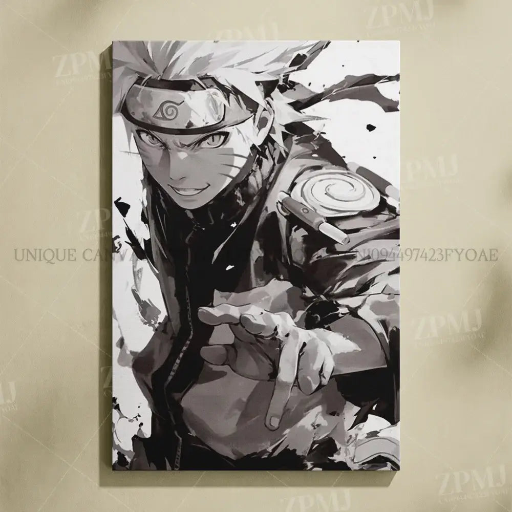 Black-and-white naruto uchiha itachi canvas wall art with dynamic ink splatter and detailed linework frameless hd print