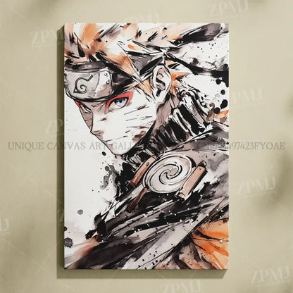 Naruto uchiha itachi canvas wall art featuring naruto uzumaki with bold black and orange splashes on frameless white print