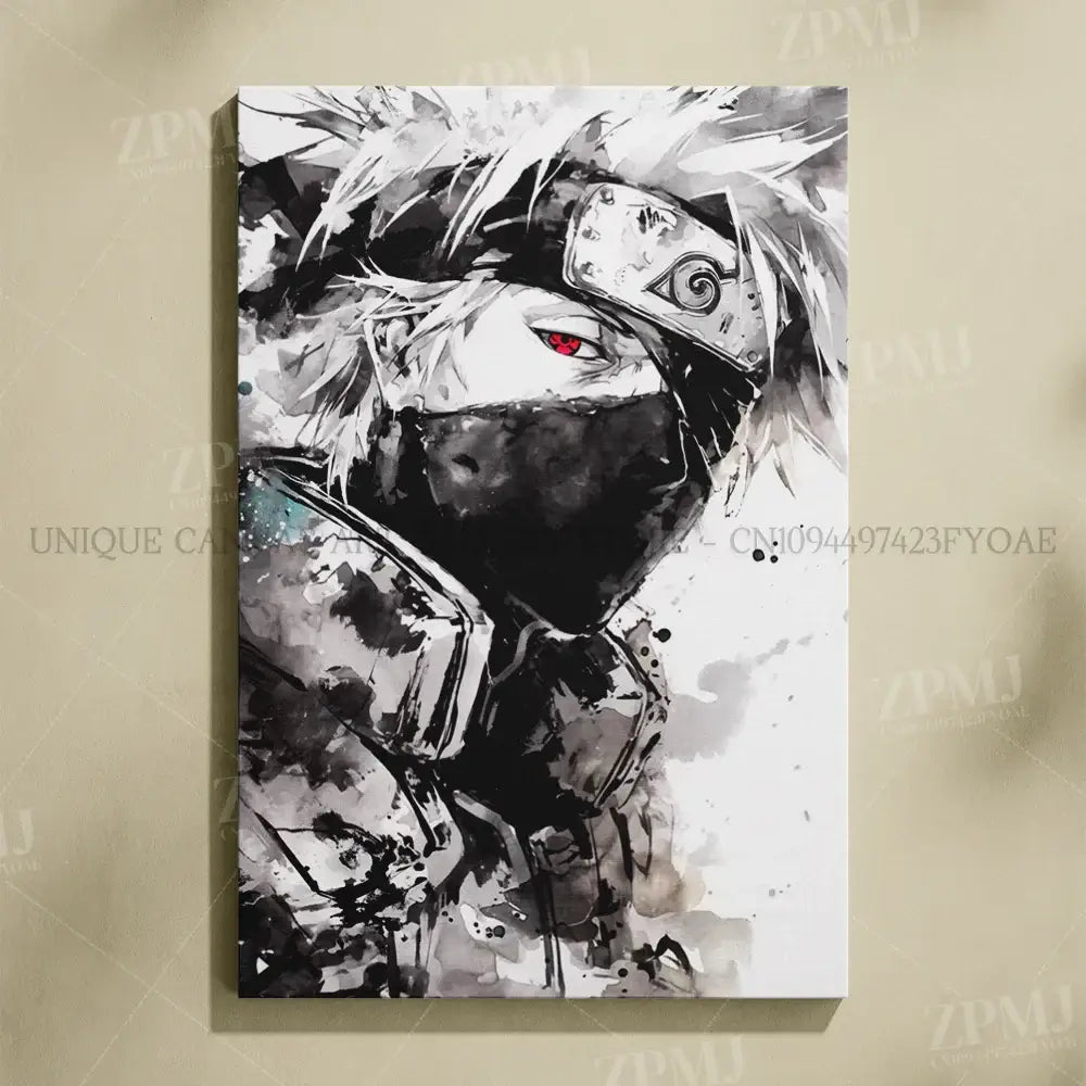 Black-and-white watercolor kakashi hatake canvas wall art with red eye and headband for naruto uchiha itachi fans