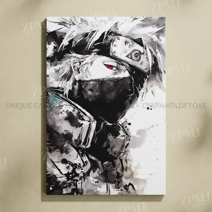 Black-and-white watercolor kakashi hatake canvas wall art with red eye and headband for naruto uchiha itachi fans