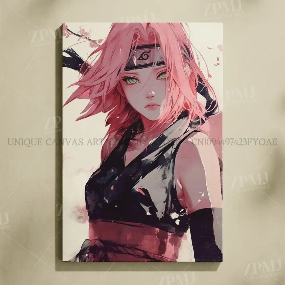 Framed naruto uchiha itachi canvas wall art featuring vibrant pink hair anime character with black headband symbol