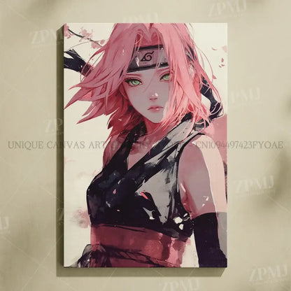 Framed naruto uchiha itachi canvas wall art featuring vibrant pink hair anime character with black headband symbol