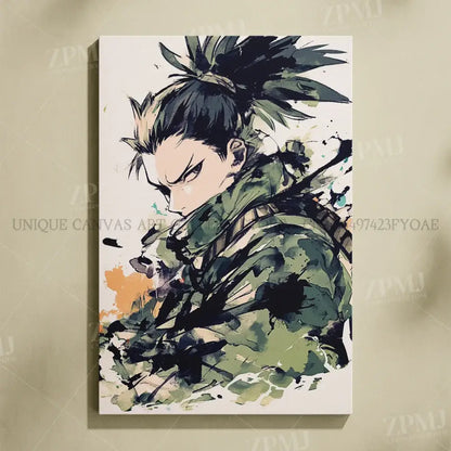 Rectangular naruto uchiha itachi canvas wall art featuring anime character in green camouflage with bold ink wash design